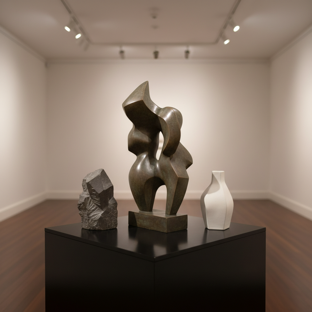 A polished display pedestal inside The Argo Fine Arts presenting a trio of original sculptures by Jason Sabbides. The central piece is a medium-height abstract form in patinated bronze, with smooth curves and sharp edges catching the light. To one side sits a smaller, rough-textured stone sculpture with chiseled planes, while the other side features a minimalist, matte white ceramic piece with clean, geometric lines. The pedestal rests on a dark hardwood floor, with neutral walls receding into softness. Overhead spotlights cast controlled, directional beams, generating crisp but elegant shadows that accentuate contours. Photographic realism, shot at a slightly low angle to give the sculptures presence and weight, with a carefully balanced, asymmetrical composition and a restrained, sophisticated atmosphere suggestive of a high-end fine art gallery.