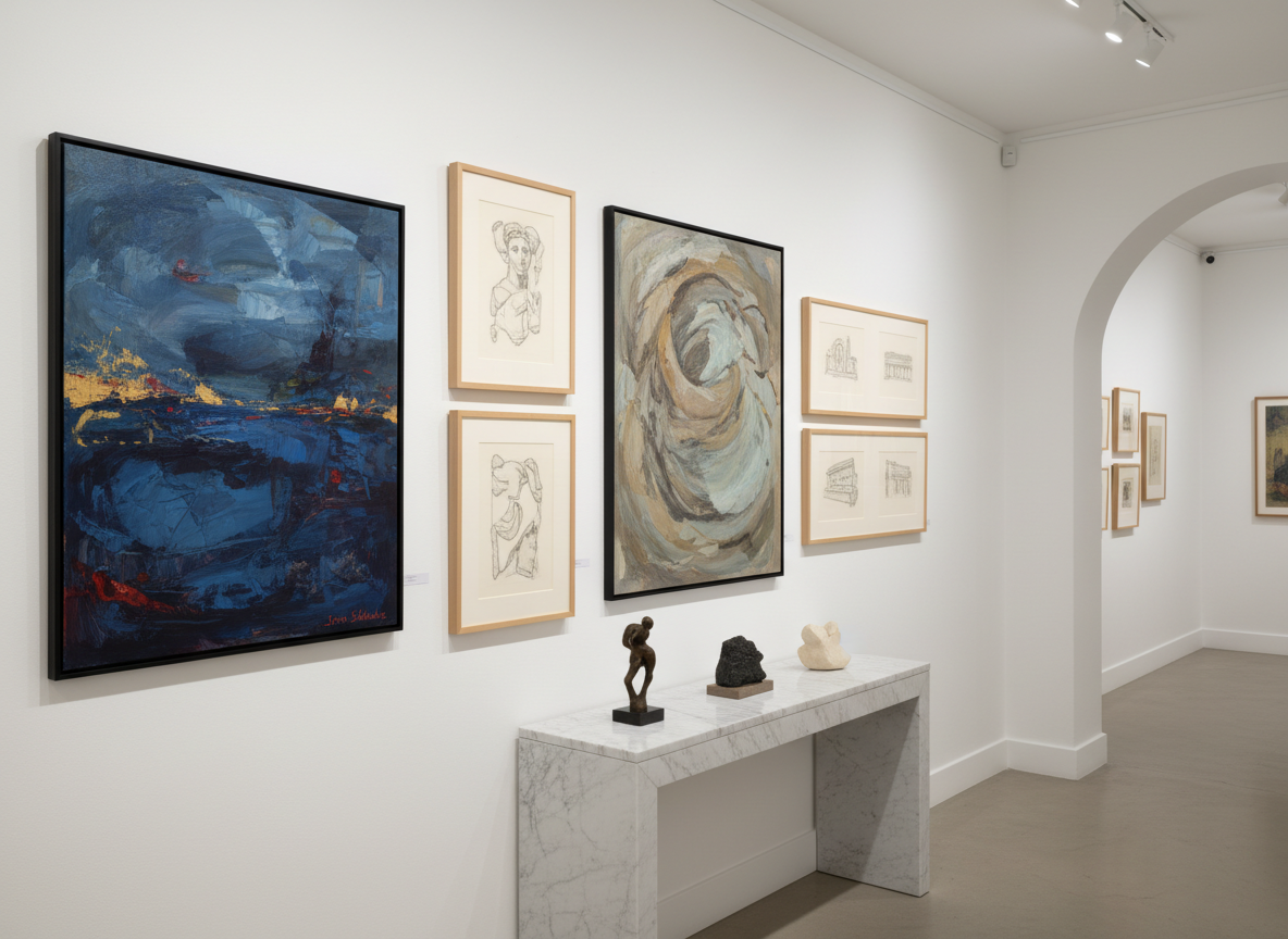 A curated gallery wall inside The Argo Fine Arts, featuring an elegant mix of medium- and large-scale original paintings and framed drawings by Jason Sabbides. Rich oil paintings with layered brushwork and subtle impasto hang alongside finely shaded graphite and ink drawings, all in slim black or natural wood frames. Below, a marble-topped console displays a few small abstract sculptures in bronze and stone. Soft, diffused gallery lighting from recessed ceiling fixtures creates even illumination, with gentle, elongated shadows on the white walls. Photographic realism, shot at eye level with a wide-angle lens to capture the breadth of the space, balanced by a calm, sophisticated atmosphere and a shallow depth of field that keeps the artworks in crisp focus while the far end of the gallery softly blurs.