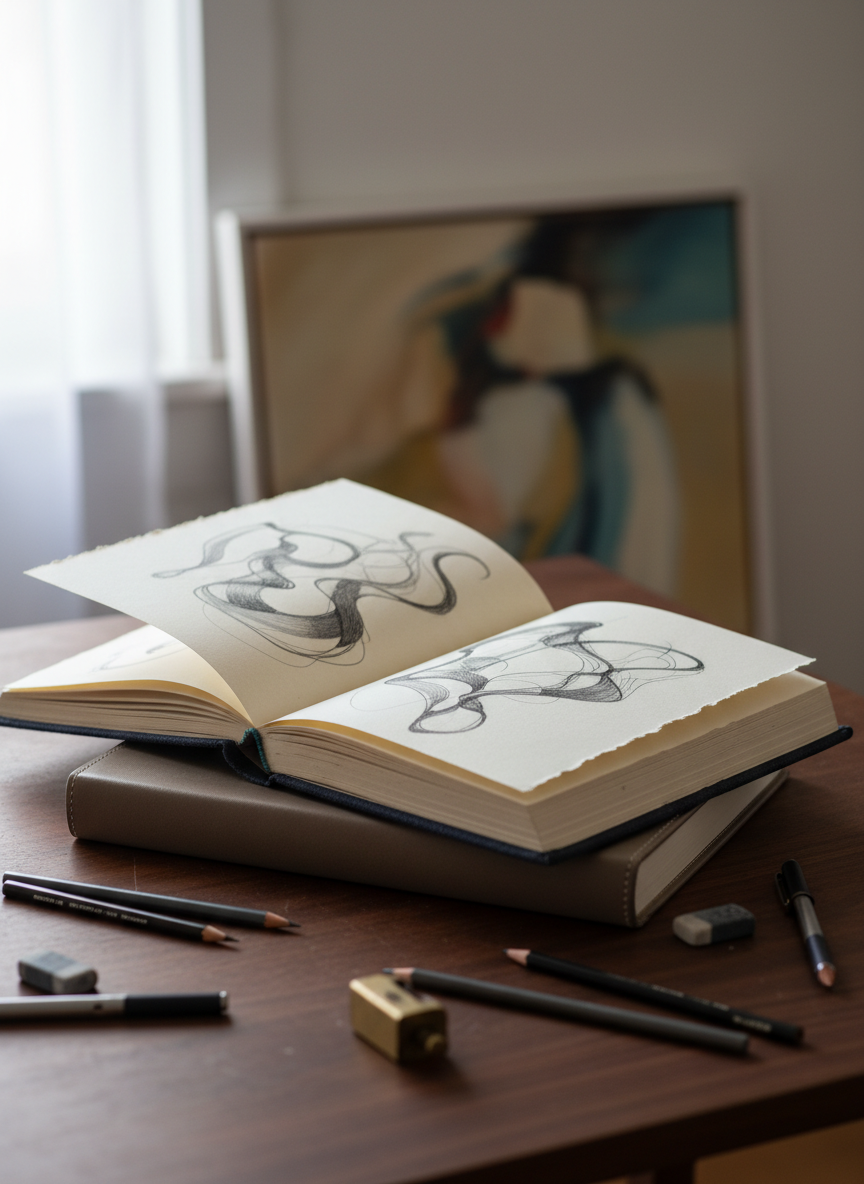 An intimate studio still life at The Argo Fine Arts, featuring a handcrafted sketchbook by Jason Sabbides lying open on a dark walnut worktable. The sketchbook has thick, deckle-edged ivory pages and a textured, deep navy cloth cover, with a second closed sketchbook stacked beneath in warm gray leather. Visible on the open pages are finished graphite and ink drawings of abstract forms and gestural lines, their tones rich and precise. Surrounding the books are neatly arranged drawing tools and a small, partially visible painting propped in the background. Soft morning light from an unseen window grazes across the table, producing delicate highlights on paper fibers and subtle shadows along the book spines. Photographic realism, shot from a slightly elevated angle with a shallow depth of field, creating a focused, sophisticated, contemplative mood.