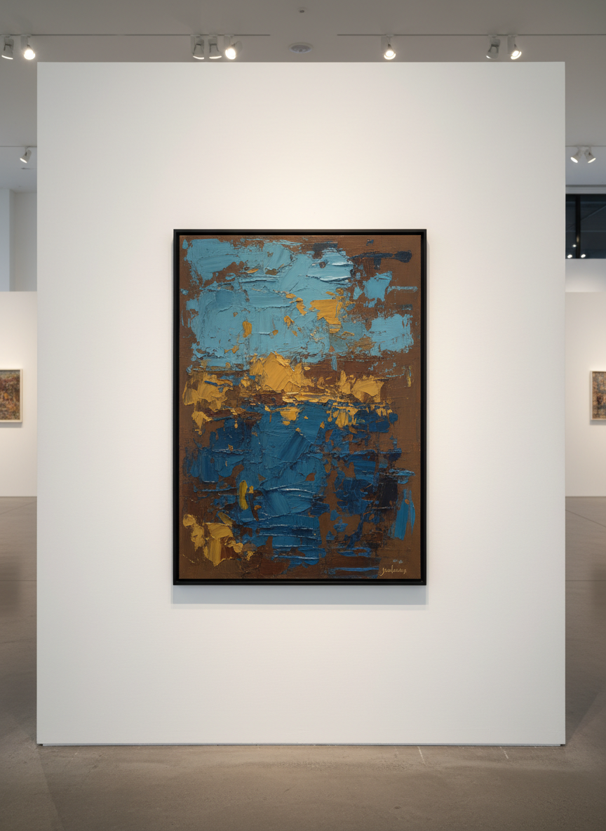 A single striking original painting by Jason Sabbides displayed on a pristine white gallery wall at The Argo Fine Arts. The artwork is a large, vertical oil painting with complex layers of muted blues, deep umbers, and warm ochres, revealing the texture of the canvas beneath and subtle ridges of paint catching the light. A narrow, matte black frame surrounds the piece, floated slightly off the wall for a museum-quality presentation. Track lighting overhead provides focused, warm-white illumination, creating a gentle halo on the wall and emphasizing surface details. Photographic realism, centered composition, shot from a slightly off-center eye-level angle to show depth and scale, with a serene, contemplative mood and the rest of the gallery fading into a soft, elegant blur.
