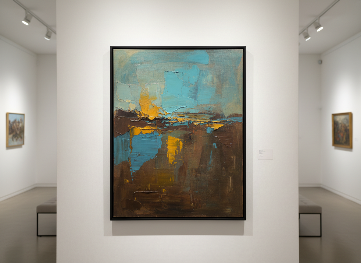 A single striking original painting by Jason Sabbides displayed on a pristine white gallery wall at The Argo Fine Arts. The artwork is a large, vertical oil painting with complex layers of muted blues, deep umbers, and warm ochres, revealing the texture of the canvas beneath and subtle ridges of paint catching the light. A narrow, matte black frame surrounds the piece, floated slightly off the wall for a museum-quality presentation. Track lighting overhead provides focused, warm-white illumination, creating a gentle halo on the wall and emphasizing surface details. Photographic realism, centered composition, shot from a slightly off-center eye-level angle to show depth and scale, with a serene, contemplative mood and the rest of the gallery fading into a soft, elegant blur.