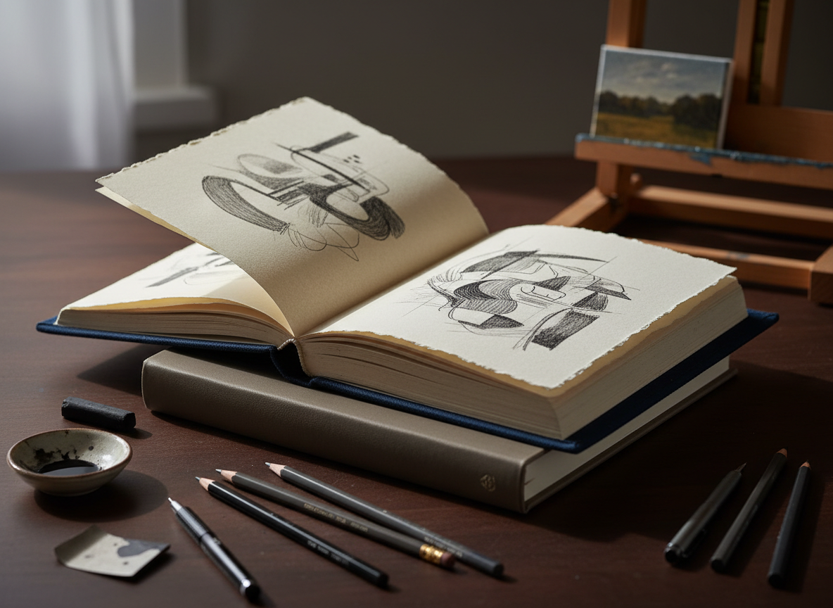 An intimate studio still life at The Argo Fine Arts, featuring a handcrafted sketchbook by Jason Sabbides lying open on a dark walnut worktable. The sketchbook has thick, deckle-edged ivory pages and a textured, deep navy cloth cover, with a second closed sketchbook stacked beneath in warm gray leather. Visible on the open pages are finished graphite and ink drawings of abstract forms and gestural lines, their tones rich and precise. Surrounding the books are neatly arranged drawing tools and a small, partially visible painting propped in the background. Soft morning light from an unseen window grazes across the table, producing delicate highlights on paper fibers and subtle shadows along the book spines. Photographic realism, shot from a slightly elevated angle with a shallow depth of field, creating a focused, sophisticated, contemplative mood.