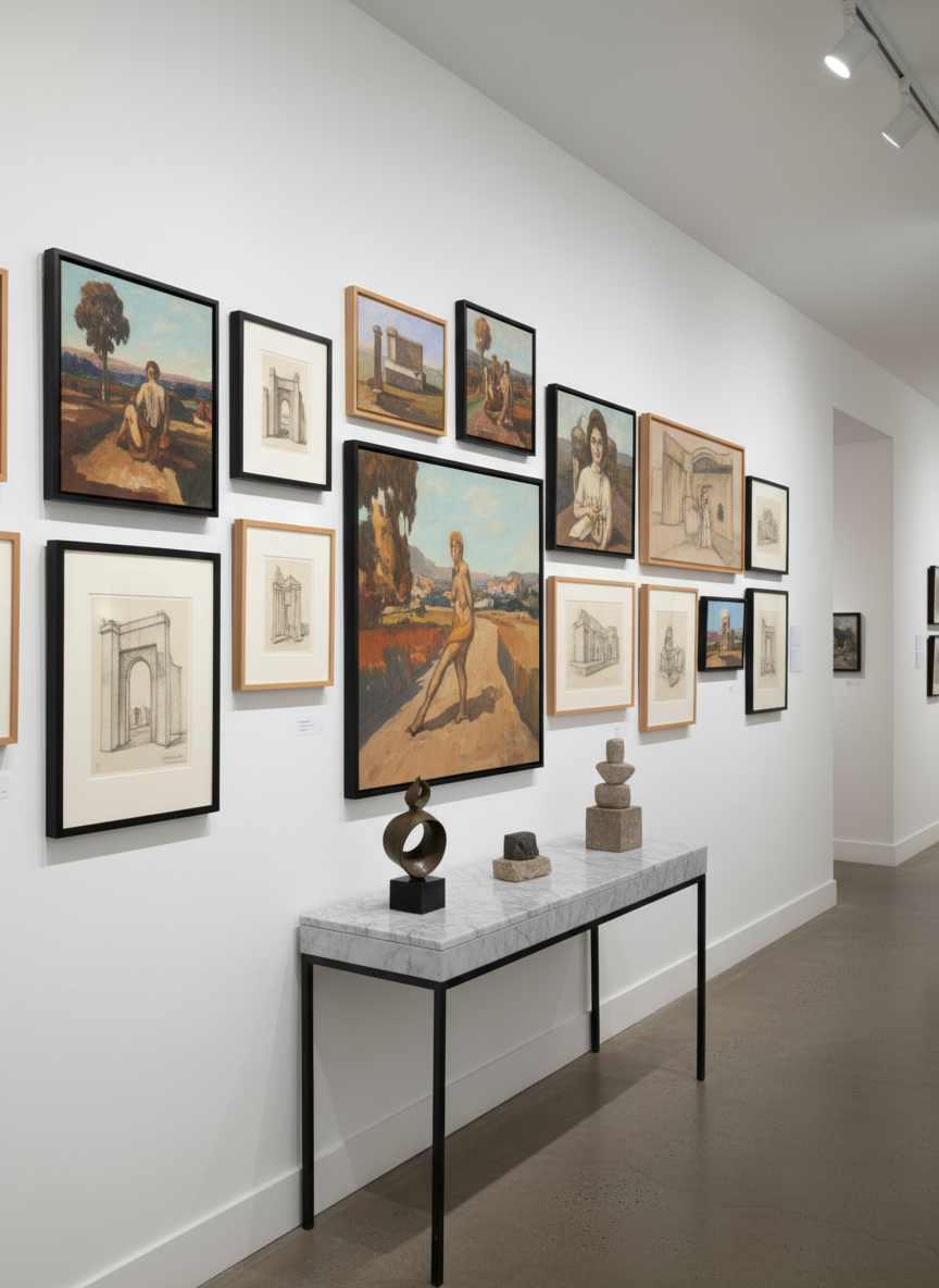 A curated gallery wall inside The Argo Fine Arts, featuring an elegant mix of medium- and large-scale original paintings and framed drawings by Jason Sabbides. Rich oil paintings with layered brushwork and subtle impasto hang alongside finely shaded graphite and ink drawings, all in slim black or natural wood frames. Below, a marble-topped console displays a few small abstract sculptures in bronze and stone. Soft, diffused gallery lighting from recessed ceiling fixtures creates even illumination, with gentle, elongated shadows on the white walls. Photographic realism, shot at eye level with a wide-angle lens to capture the breadth of the space, balanced by a calm, sophisticated atmosphere and a shallow depth of field that keeps the artworks in crisp focus while the far end of the gallery softly blurs.