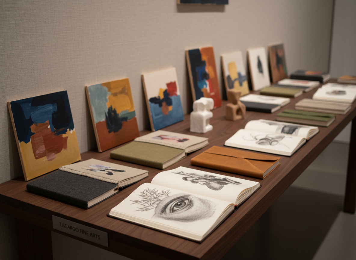 An elevated, cinematic view of a long walnut display table at The Argo Fine Arts, arranged with an assortment of finished artworks by Jason Sabbides. Several small paintings on panel lean against a subtle, linen-covered wall, their surfaces showing rich color fields and expressive brushstrokes. In front, a series of open and closed handmade sketchbooks reveal detailed drawings and mixed-media studies, their covers in muted, tactile fabrics and leathers. A few small sculptural maquettes in clay and plaster punctuate the arrangement. Soft, warm gallery lighting from hidden fixtures above creates a gentle gradient of light along the table, with highlights on page edges and artwork textures. Photographic realism, shallow depth of field with the nearest sketchbook in sharp focus and the far end gradually blurring, evoking a refined, exploratory, and quietly inspiring mood.
